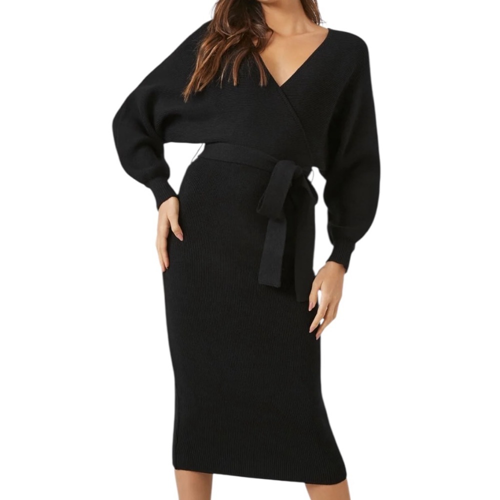 Cherfly Black Ribbed Knit Faux Wrap Knit Midi Sweater dress‎ Womens Medium